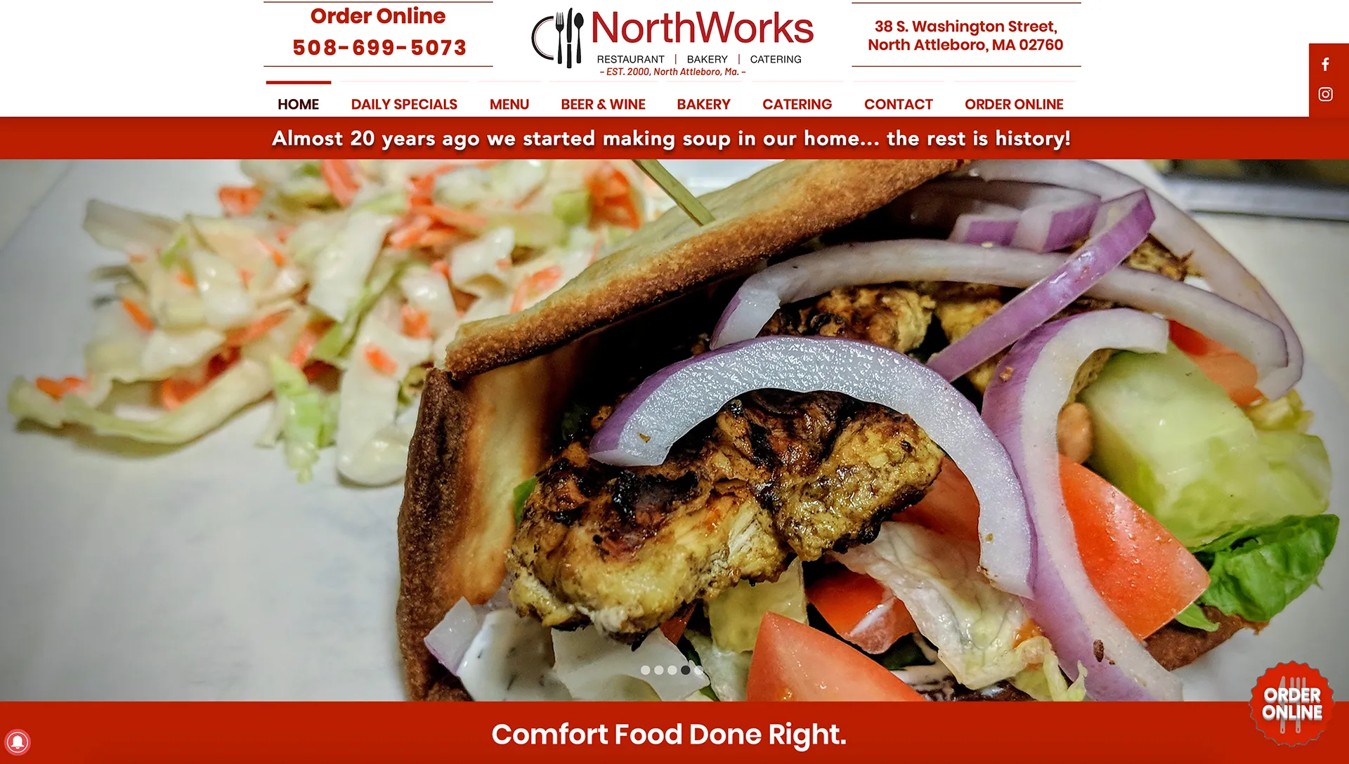 Screenshot of the NorthWorks Restaurant website home page with a sandwich photo
