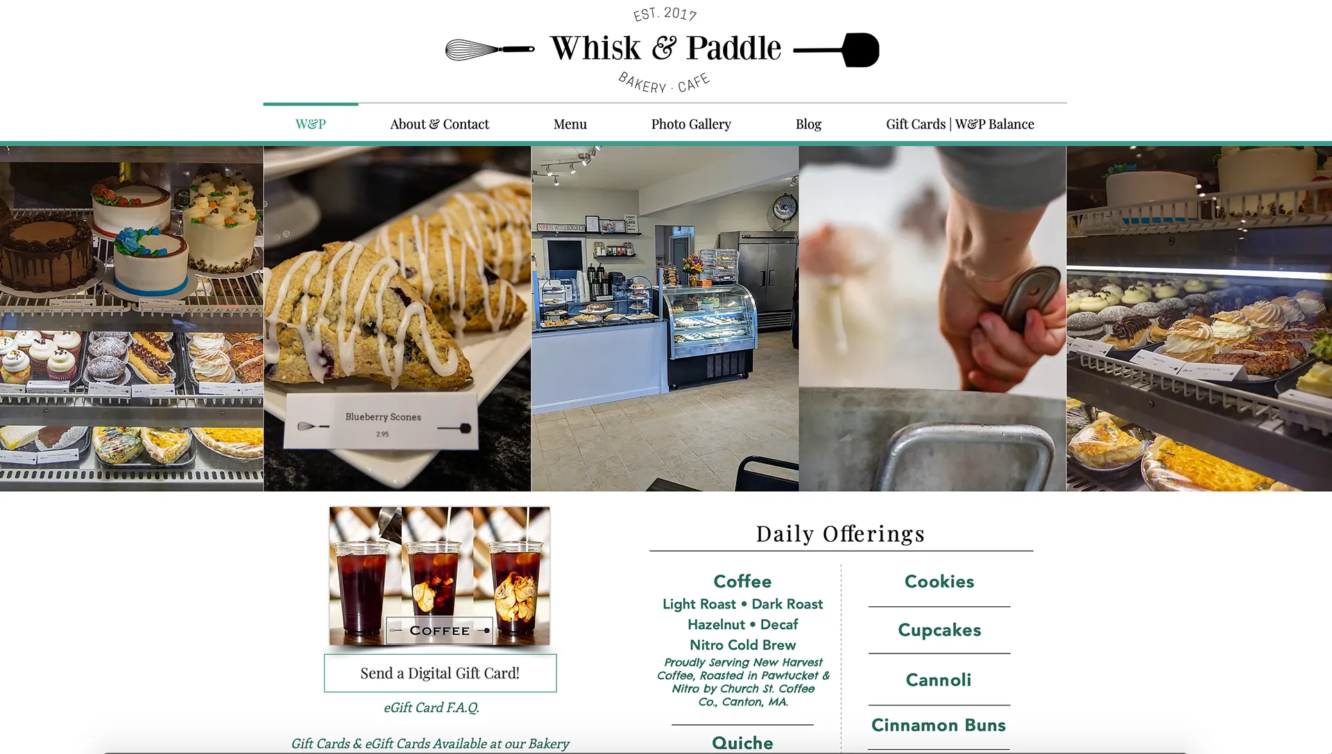 Screenshot of the Whisk & Paddle Bakery website home page