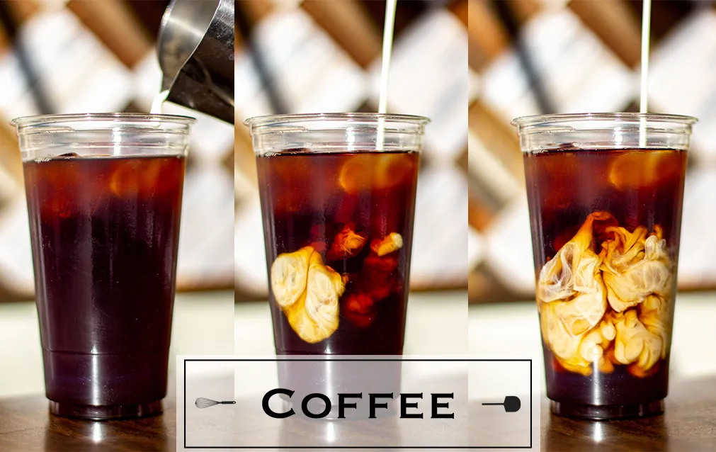 Three iced coffees in tall cups above a Whisk & Paddle COFFEE label