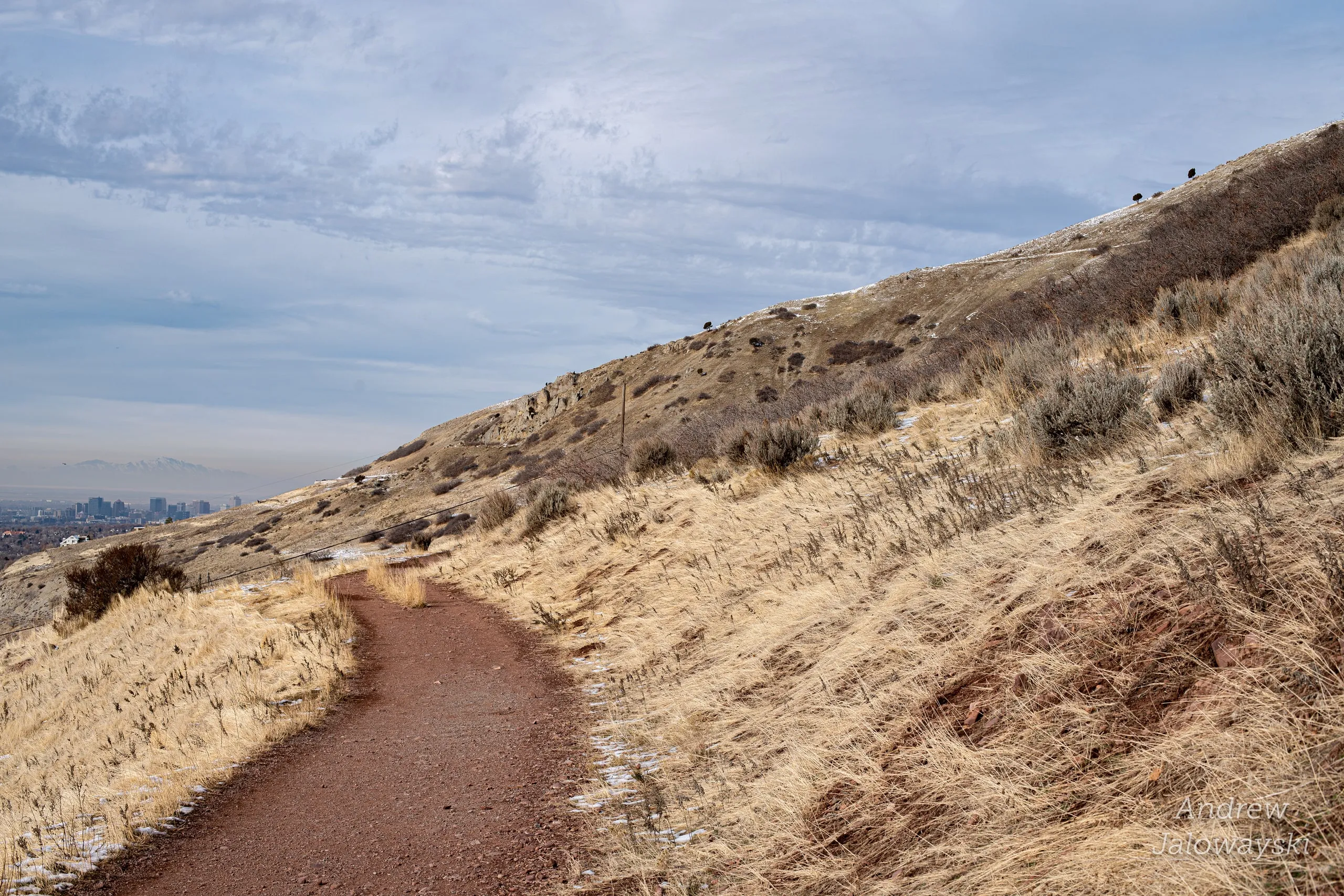 Dirt trail along a grassy ridge on Granger Mountain