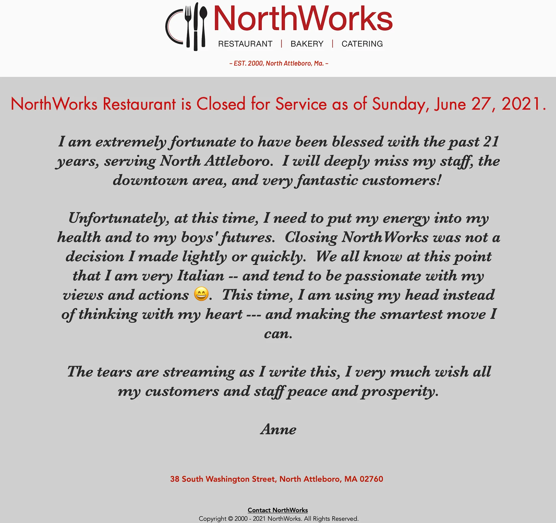 Screenshot of the NorthWorks closing announcement on its website