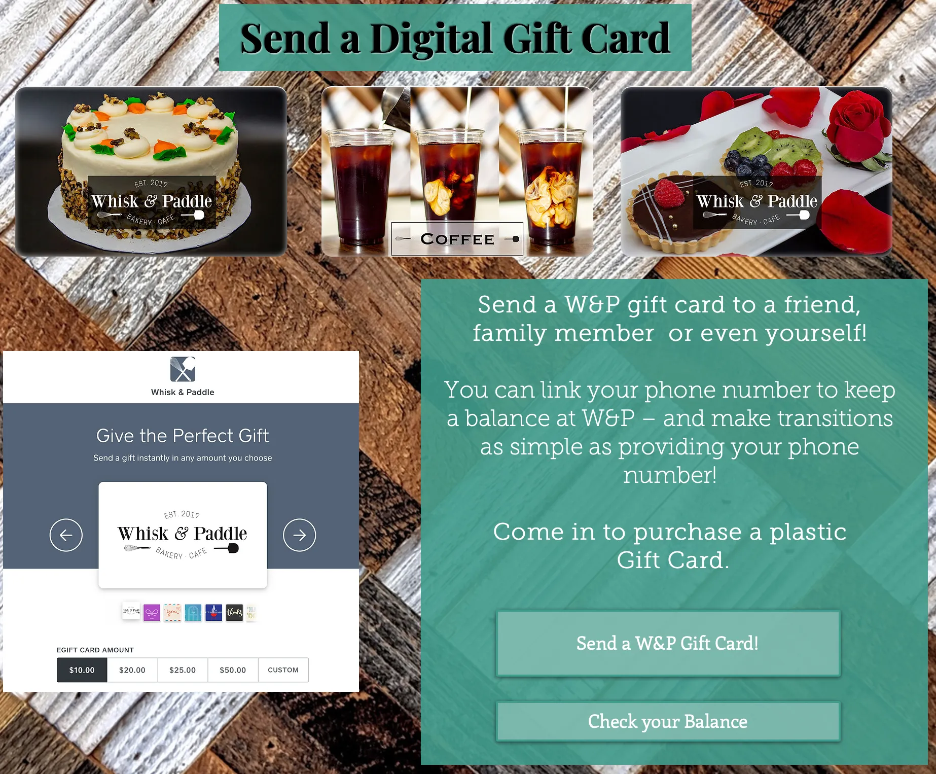 Screenshot of the Whisk & Paddle digital gift card page
