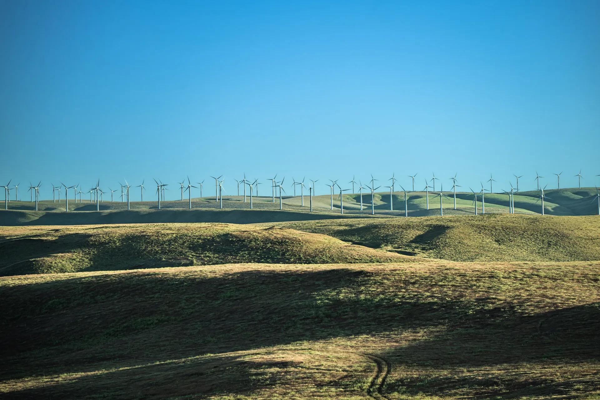 Wind turbines along rolling green hills under a blue sky