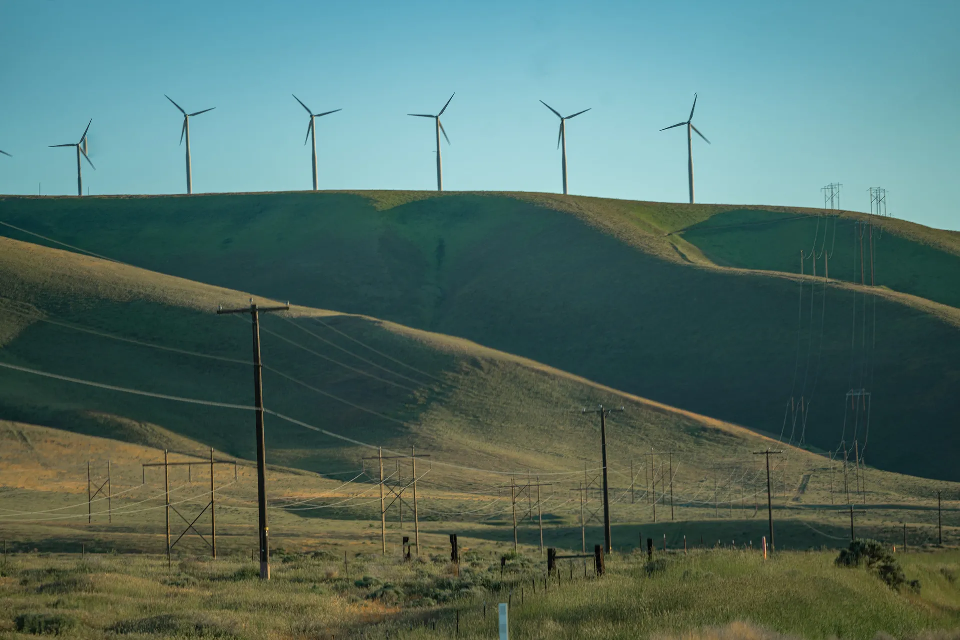 Wind turbines and power lines across green rolling hills