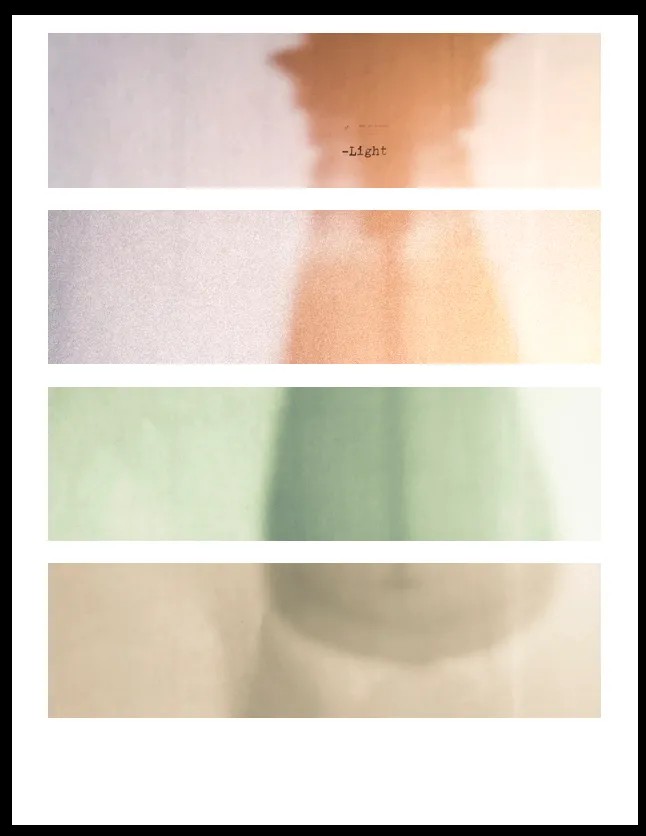 Four pale abstract color studies stacked on a white sheet